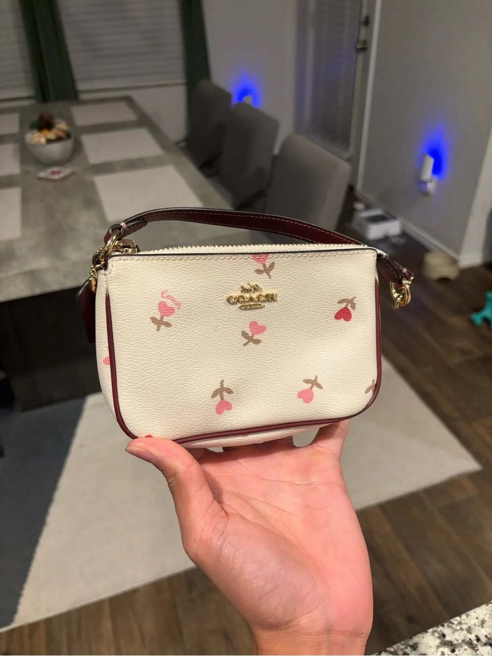Coach Nolita 15 Cream Mini Wristlet with Pink & Red Floral Motif
